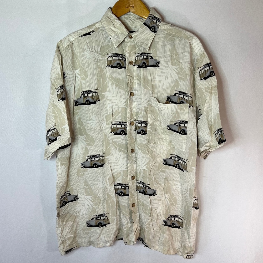 Puritan Men's M | Medium Tan Cream Surfer Wagon Print Hawaiian Shirt Button Down